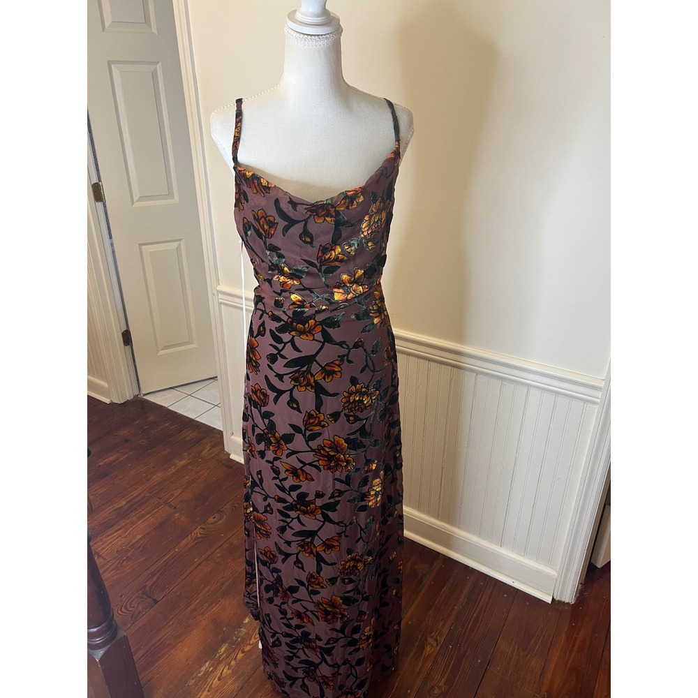 Lulus Romance Brown Burnout Velvet Floral Cowl Neck Maxi Dress Slit Gown size S - Picture 6 of 15